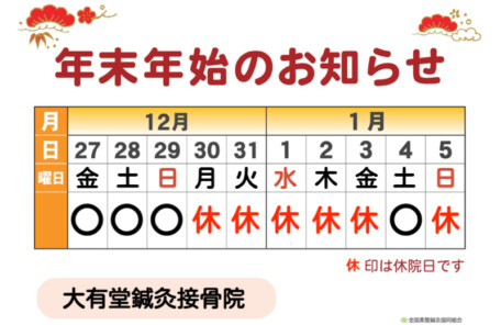 年末年始の開院カレンダー