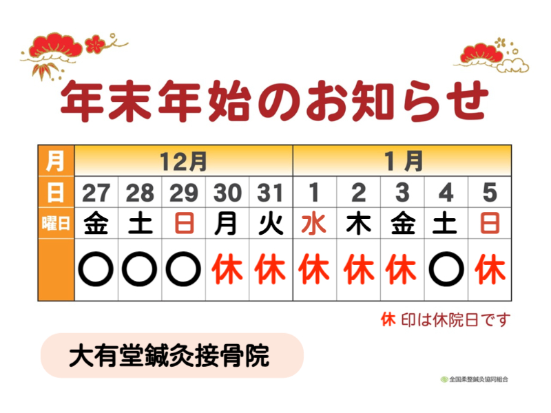 年末年始の開院カレンダー